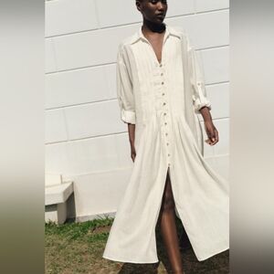 Zara linen button down maxi dress tunic white Medium